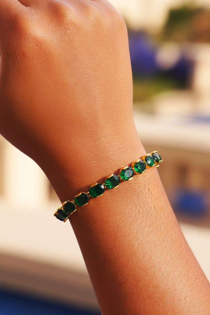 Chepi oval emerald tennis bracelet on-wrist outdoor lifestyle