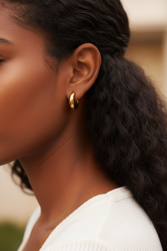 Alexa chunky gold huggie hoop earrings on-ear lifestyle editorial shot