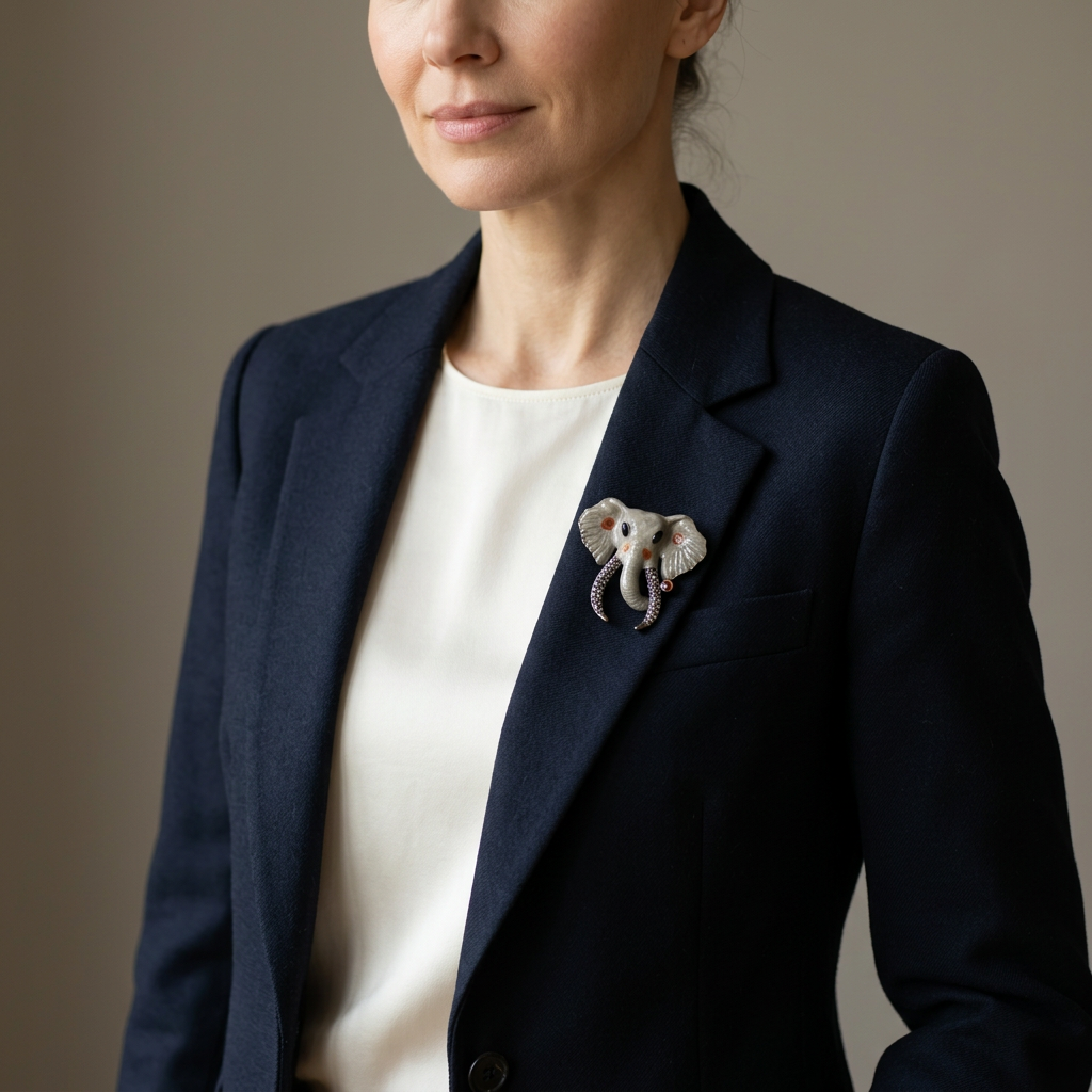 Elegant elephant brooch worn on a navy blazer lapel
