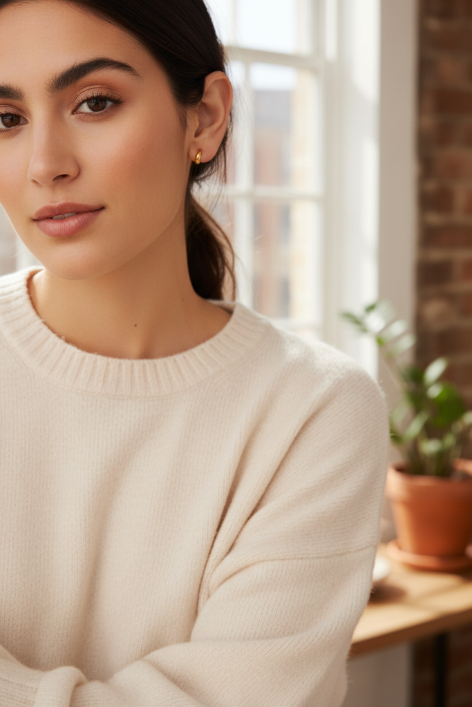Bailey mini huggie hoop earrings styled with everyday casual chic outfit