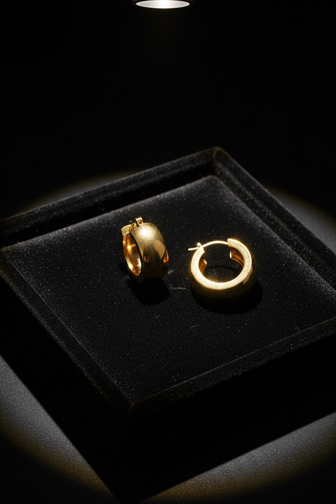 Aponi thick gold hoop earrings on dark velvet jewelry tray