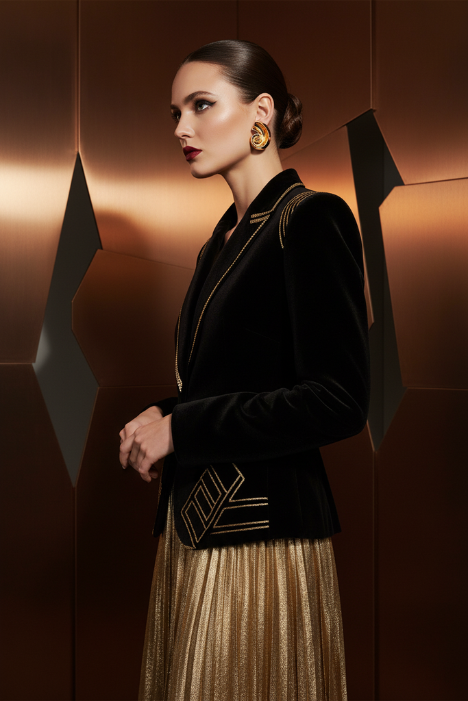 Kilgory gold swirl statement earrings styled with bold chic outfit