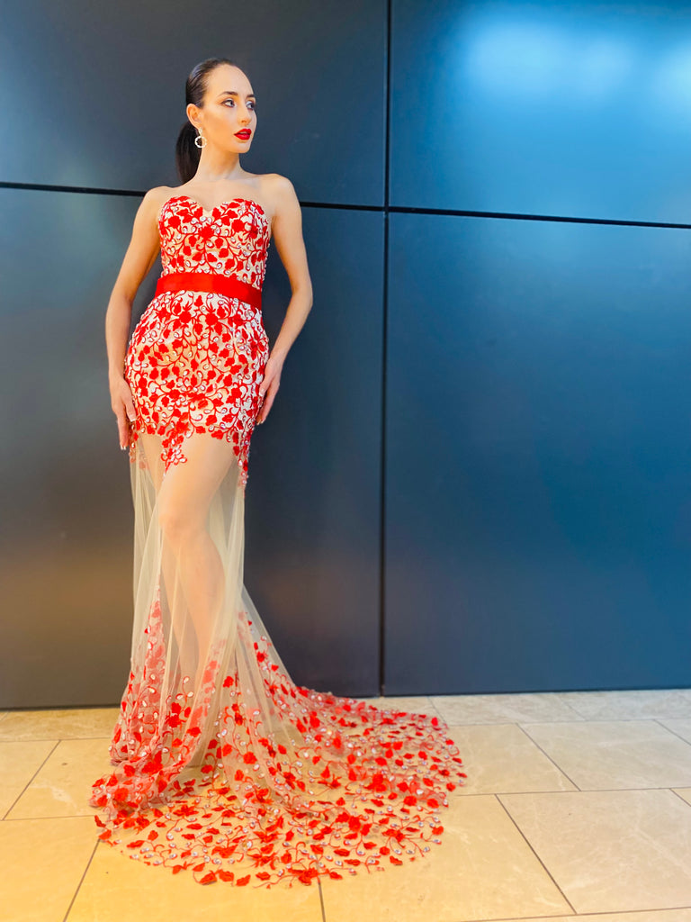 The "Sophia" Red & Sequence Handmade Gown - Danielle Emon