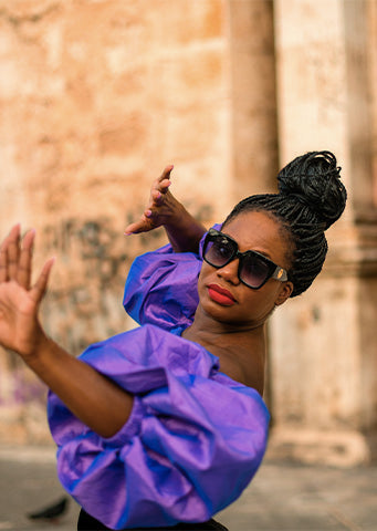 The "Desiree" Purple Puff Sleeve Off-the-Shoulder Crop Top - Danielle Emon