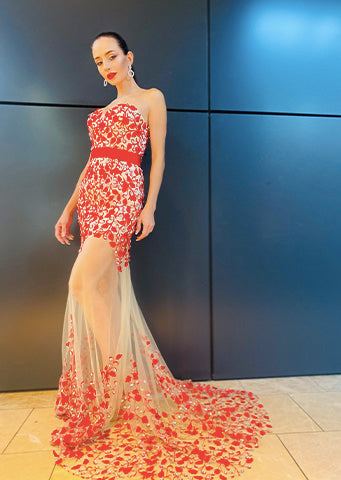 The "Sophia" Red & Sequence Handmade Gown - Danielle Emon